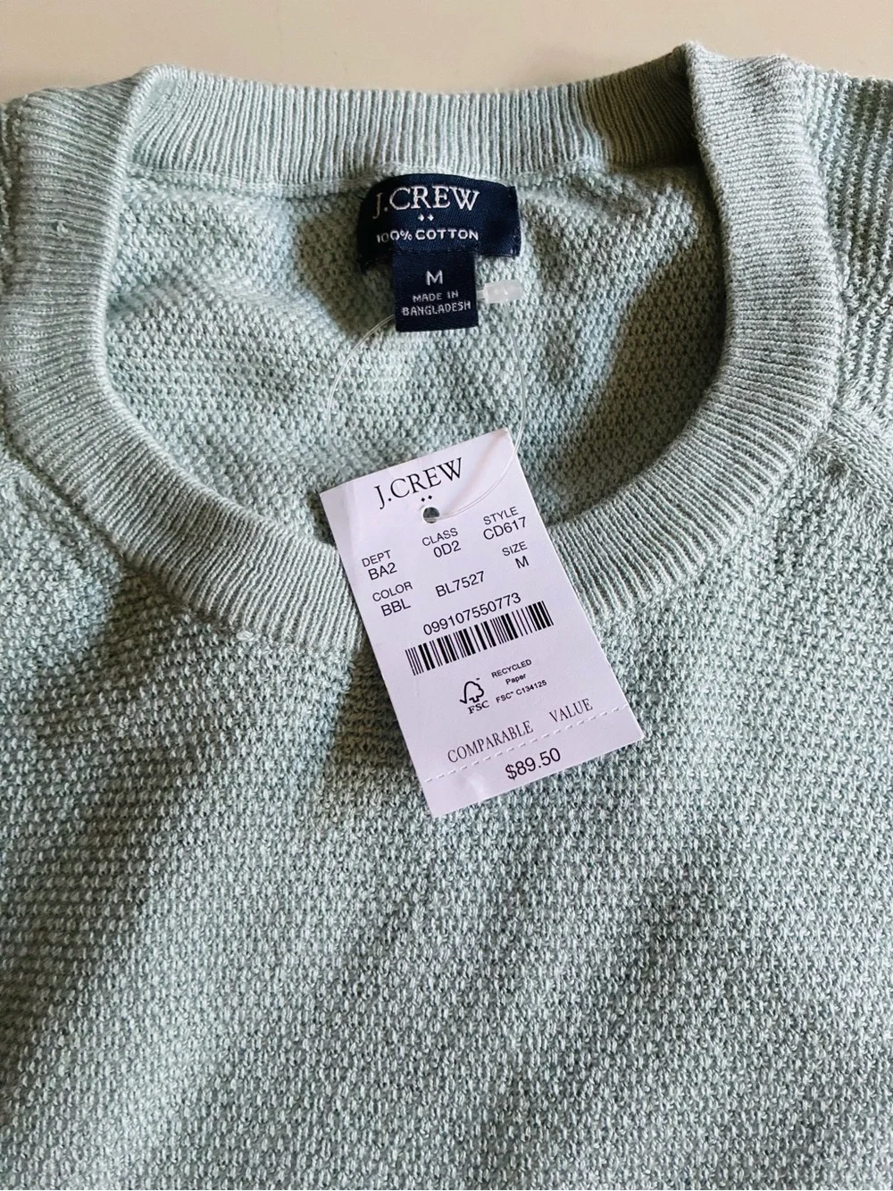 J. Crew Men’s Sage Green Crewneck Knit Sweater. M. NWT with defect.